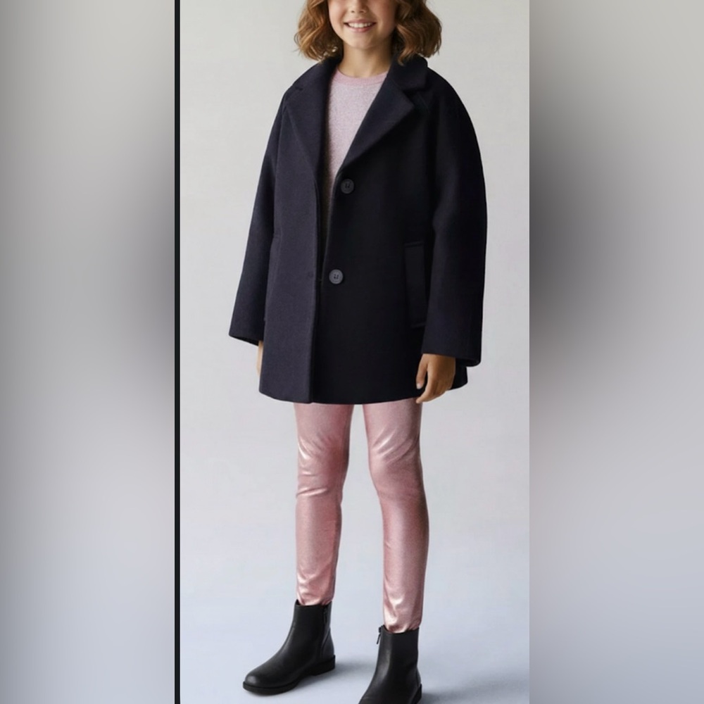 ZARA Little girls black lapel collar mid length Coat pea jacket 2 button SZ 6 -7